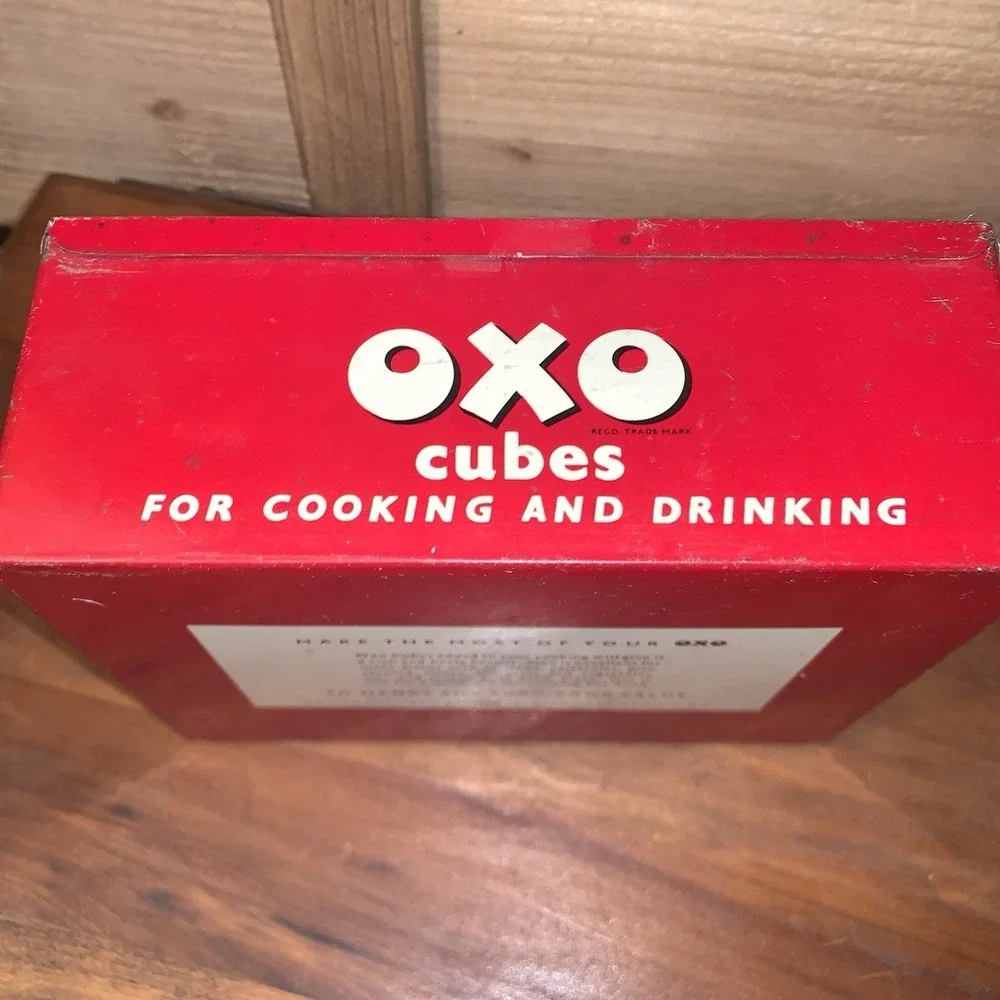 Vintage Old OXO Cubes Red Metal Tin Box & Lid King George VI Collectible Cooking